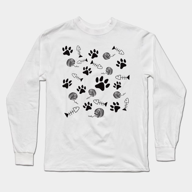 Cat Paw Print, Fish Bones, Ball of Yarn Pattern - Black On White Version Long Sleeve T-Shirt by SubtleSplit